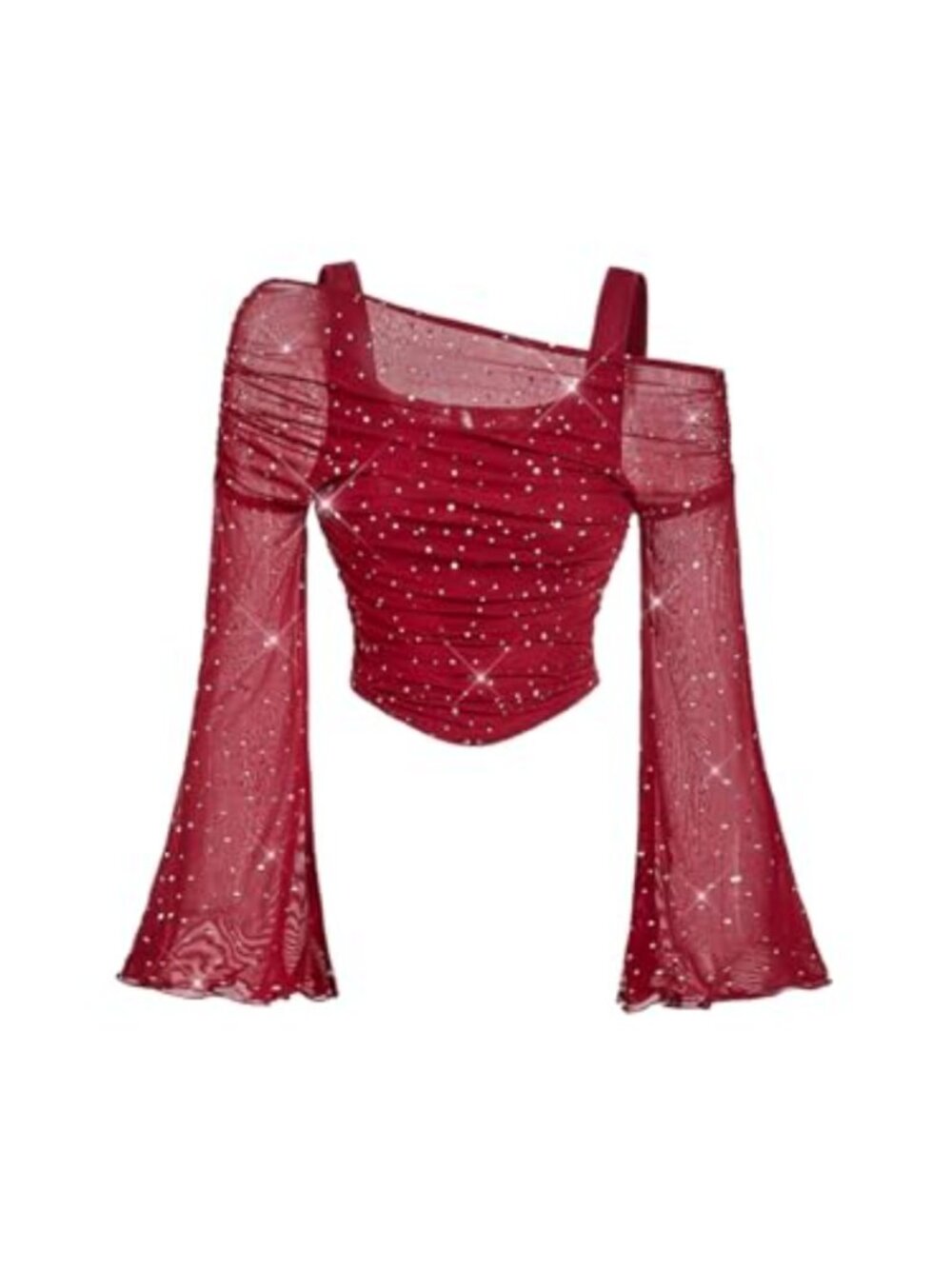 Women's Y2K Mesh Off Shoulder Bell Sleeve Crop Tank Top 2-in-1 Long Sleeve